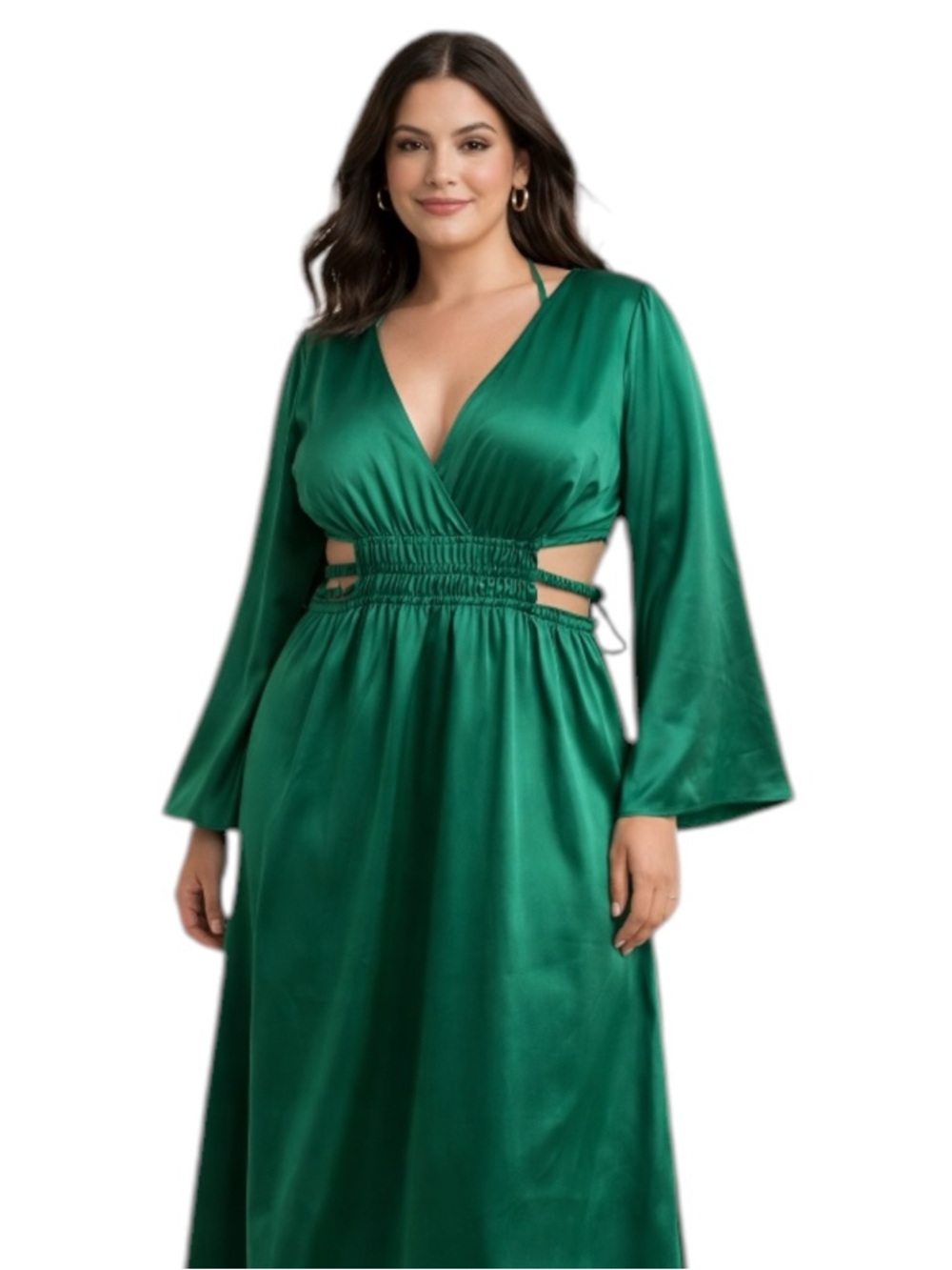 Justify Emerald Green Satin Dress M Cutout Waist Long Sleeve Tie Back